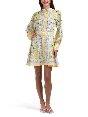 DALIA MACPHEE Floral And Lemon Print Raglan Sleeve Mini Dress With Belt